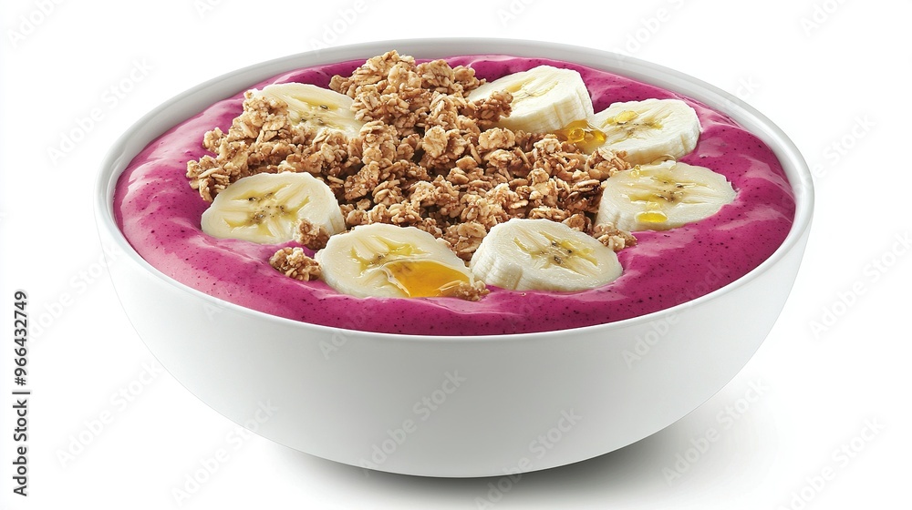 A bowl of oatmeal with banana slices & granola, served in a white bowl against a white backdrop A bowl of oatmeal with banana slices & granola, served in a white bowl against a white backdrop