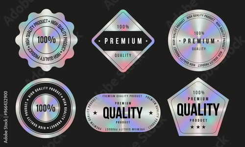 Set of color holographic sticker templates, label with holographic effect. Shiny rainbow emblems for premium quality product. Vector illustration