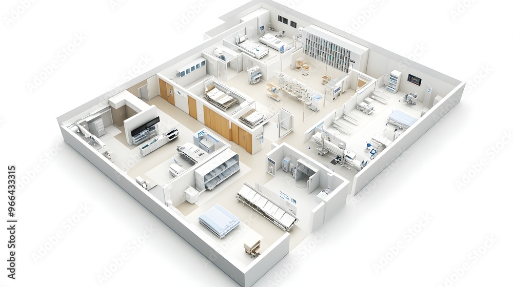 3D Render of a comprehensive hospital with radiology, laboratory services, and surgical suites, floor plan, on isolated white background 3D Render of a comprehensive hospital with radiology, laboratory services, and surgical suites, floor plan, on isolated white background