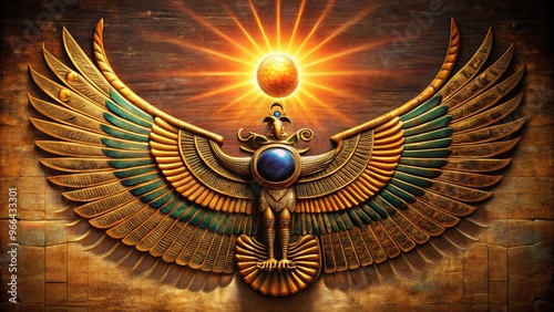 Golden ancient Egyptian symbol of divine authority and protection, featuring a powerful sun disk surrounded by outstretched wings and an unblinking gaze. photo