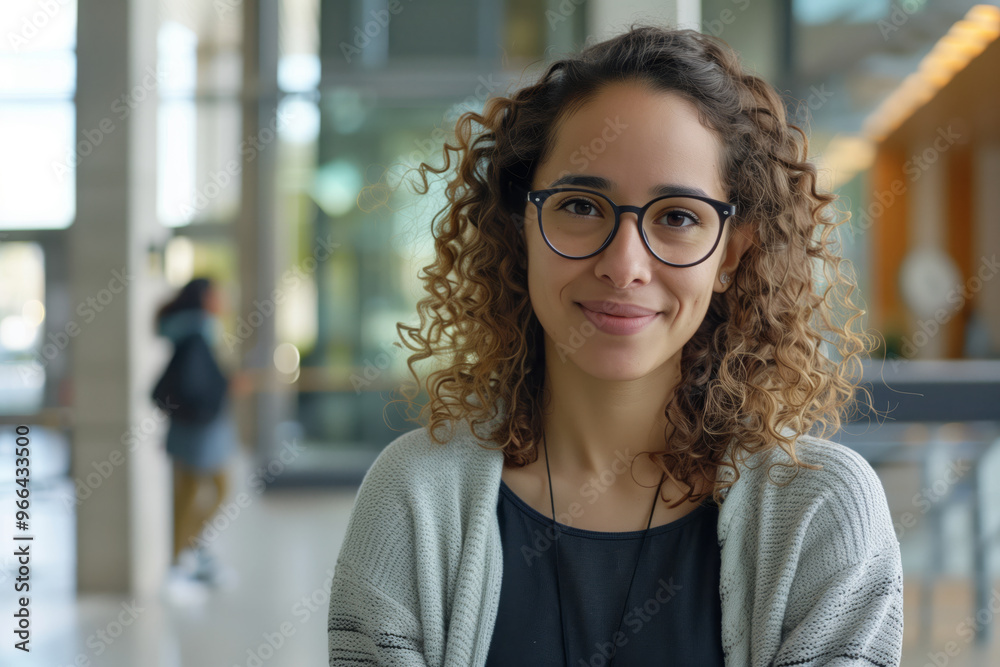 Glad female student with curly hair is smiling and wearing glasses Glad female student with curly hair is smiling and wearing glasses