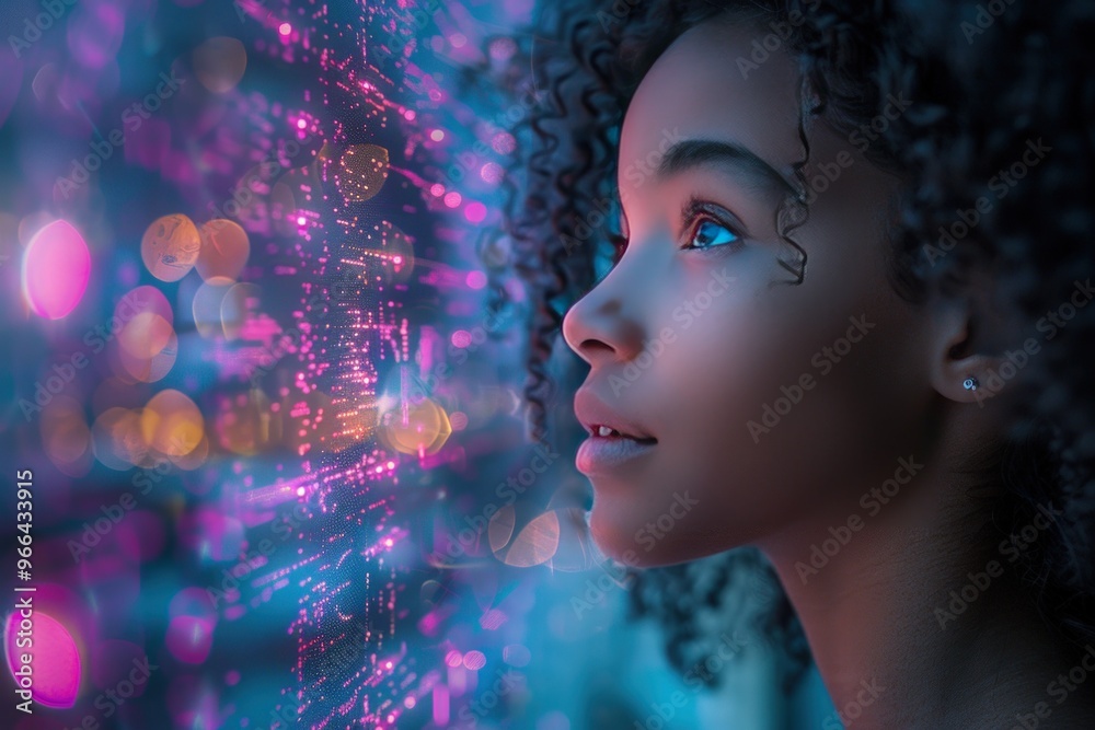 A young woman with curly hair gazes intently at a digital display. A young woman with curly hair gazes intently at a digital display.