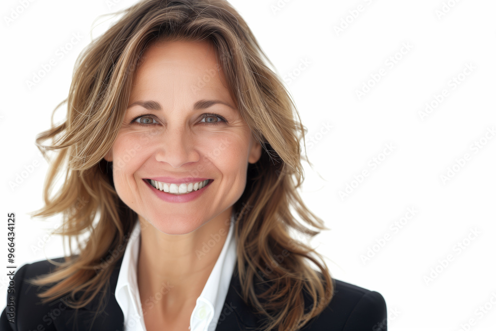 Middle aged brunette businesswoman, proud and secure is smiling for the camera on a white background. Mature lady in black suit and white shirt, smile and posing for a photo. Middle aged brunette businesswoman, proud and secure is smiling for the camera on a white background. Mature lady in black suit and white shirt, smile and posing for a photo.