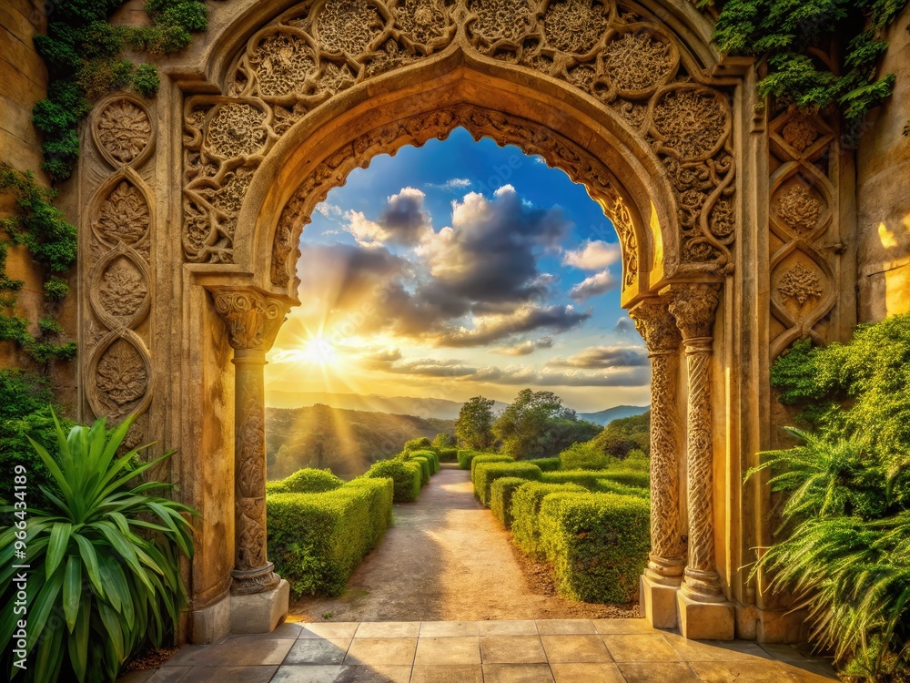 Fototapeta premium Golden light pours through a stunning arched stone doorway, adorned with intricate carvings, set against a backdrop of lush green foliage and cloudy blue skies.