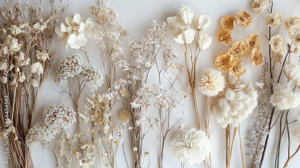 A cluster of withered blooms perched atop a snowy expanse, aligned in unison A cluster of withered blooms perched atop a snowy expanse, aligned in unison