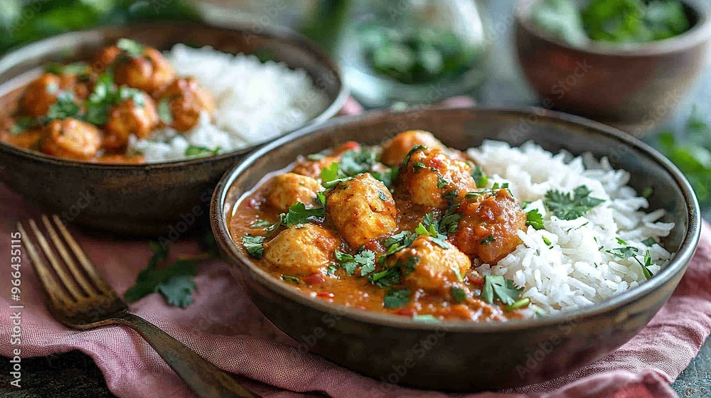 A close-up of a bowl of rice with a fork on a table full of other bowls of food A close-up of a bowl of rice with a fork on a table full of other bowls of food
