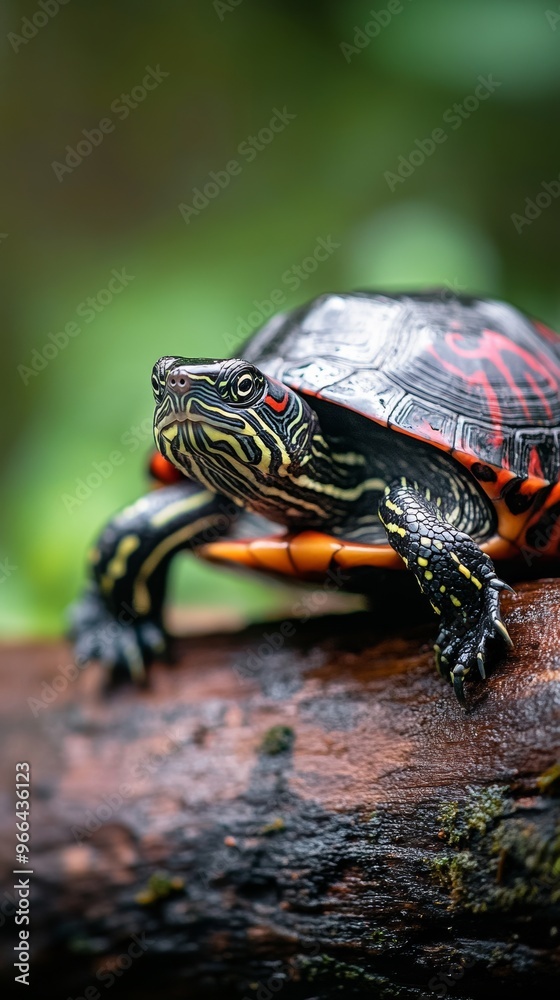 Painted turtle on a log with blurred green background, wildlife nature scene Painted turtle on a log with blurred green background, wildlife nature scene