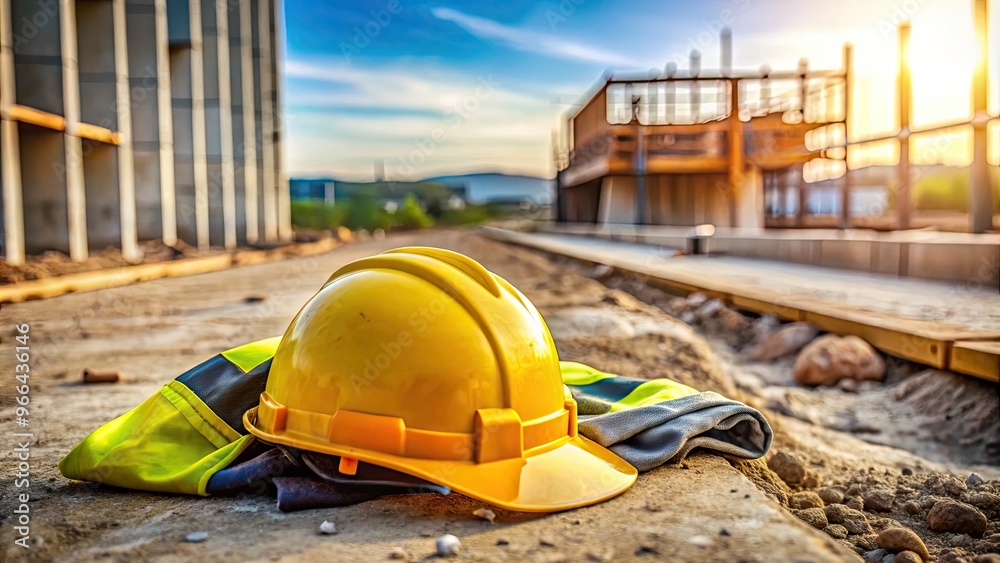 Hard hat and safety vest lying abandoned on a construction site, highlighting the importance of adhering to safety protocols in high-risk work environments.