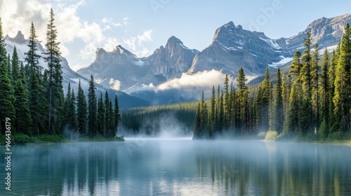 Misty morning view of mountains and lake in a serene forest setting