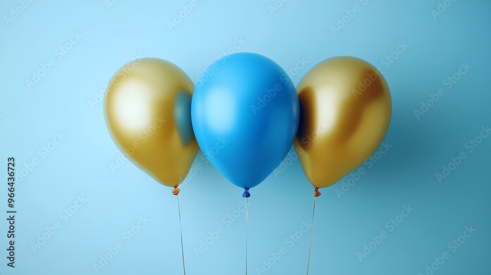 Colorful balloons in blue and gold hues floating against a vibrant blue background Colorful balloons in blue and gold hues floating against a vibrant blue background