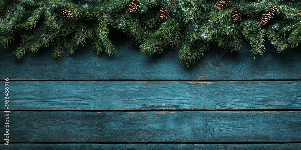 Vibrant green pine branches adorned with pinecones resting on a rustic blue wooden surface Vibrant green pine branches adorned with pinecones resting on a rustic blue wooden surface