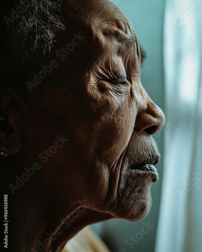 Elderly Woman's Side Profile with Eyes Closed in Soft Natural Light