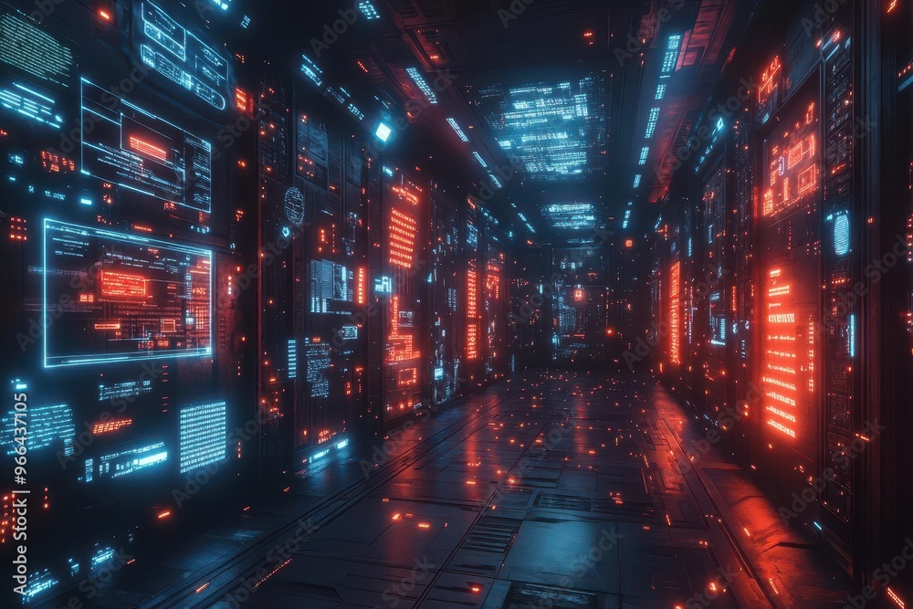 futuristic digital archive system with holographic displays data streams and glowing file icons floating in a sleek dimly lit environment futuristic digital archive system with holographic displays data streams and glowing file icons floating in a sleek dimly lit environment