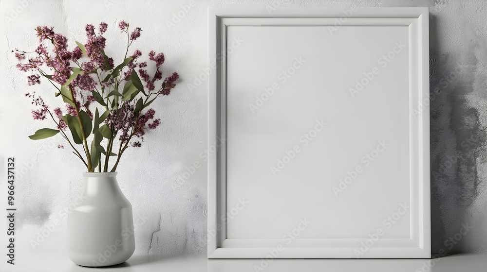 A white framed picture with a vase of flowers in the background A white framed picture with a vase of flowers in the background