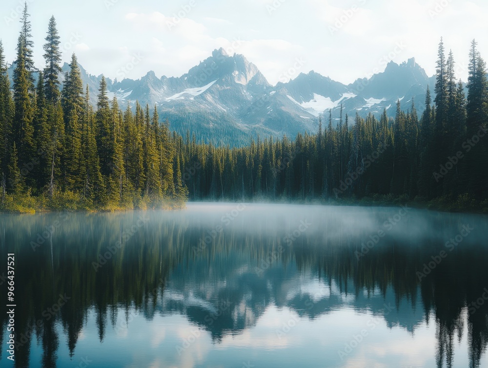 Misty lake reflecting mountains and trees at dawn in a serene landscape Misty lake reflecting mountains and trees at dawn in a serene landscape