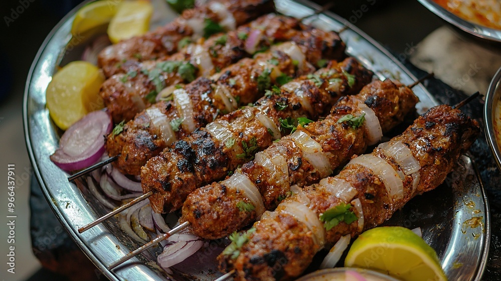 Several skewers of meat and vegetables on a platter with lemon wedges and onion slices Several skewers of meat and vegetables on a platter with lemon wedges and onion slices