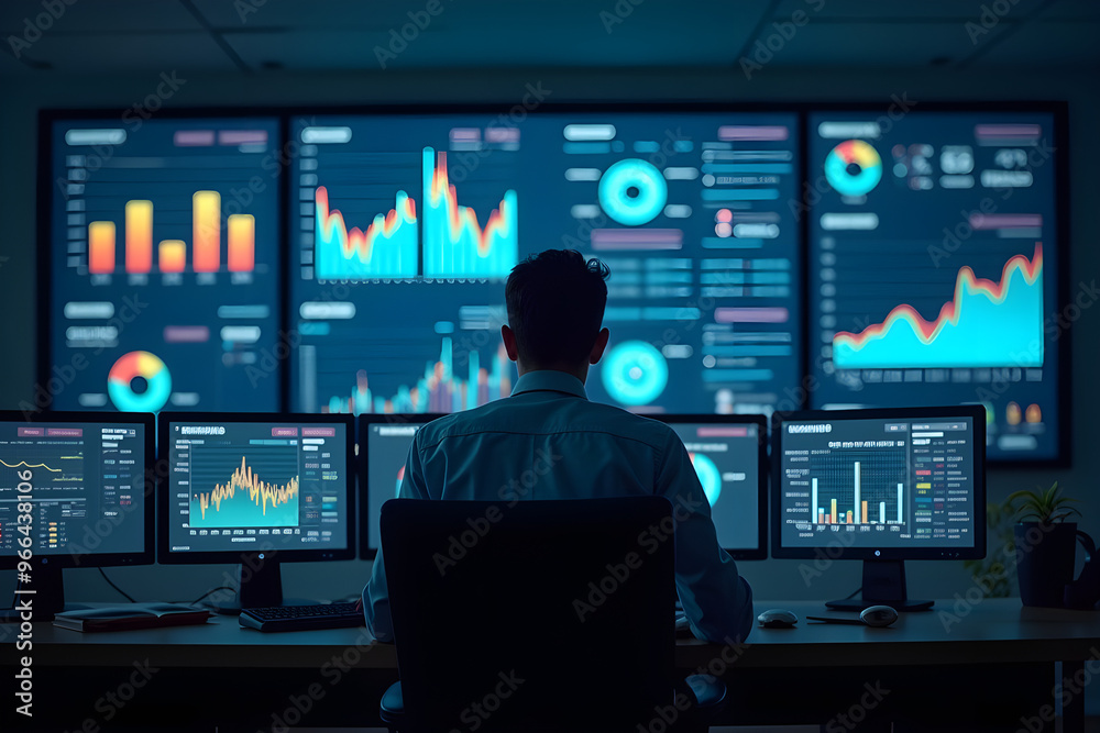 rear view of a man sitting in a data center rear view of a man sitting in a data center