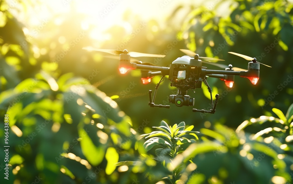 A drone hovers above lush green plants, capturing aerial imagery in a sunlit environment.