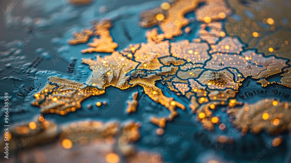 Illuminated map of europe highlighting vibrant nightlife with glowing yellow and orange city lights Illuminated map of europe highlighting vibrant nightlife with glowing yellow and orange city lights