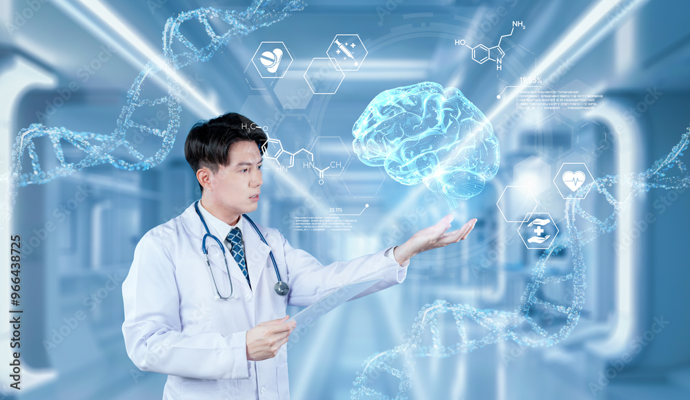 Doctor wearing VR glasses and lab coat holding at medical data while managing augmented reality technology and standing at hospital corridor with blurring background. Healthcare concept. Ingenuity. Doctor wearing VR glasses and lab coat holding at medical data while managing augmented reality technology and standing at hospital corridor with blurring background. Healthcare concept. Ingenuity.
