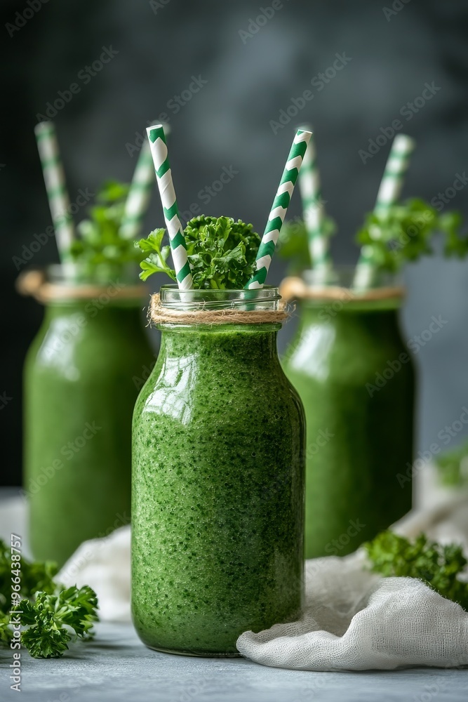 Refreshing green smoothies in glass jars with striped straws on a dark background Refreshing green smoothies in glass jars with striped straws on a dark background