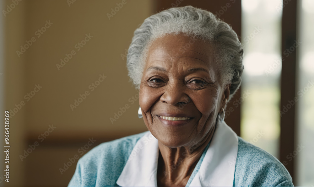 An elderly woman smiles warmly while sitting indoors An elderly woman smiles warmly while sitting indoors