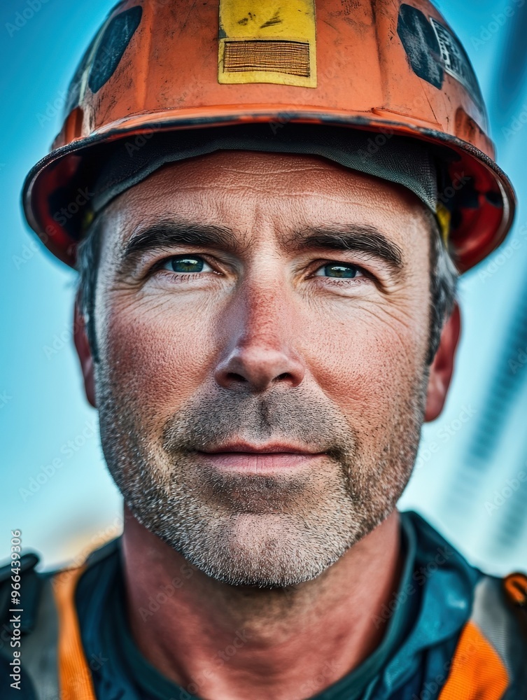 Construction worker in hard hat smiles at the camera during daylight Construction worker in hard hat smiles at the camera during daylight