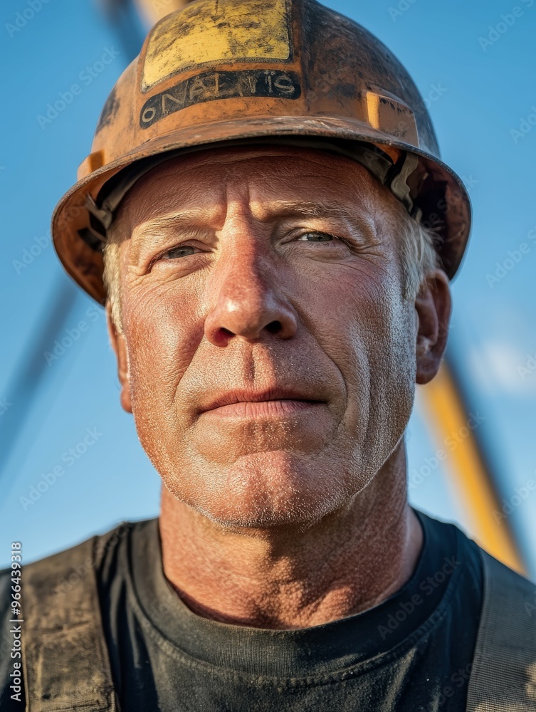 Portrait of a construction worker wearing a hard hat in bright sunlight