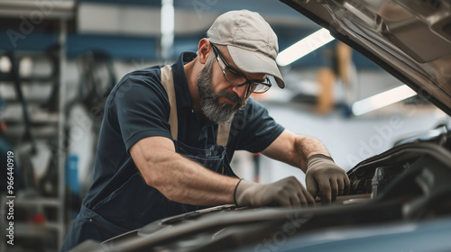 Garage Work: Mid-Age Truck Mechanic Working on a Vehicle in a Garage, Focusing on Maintenance and Repair Tasks. photo