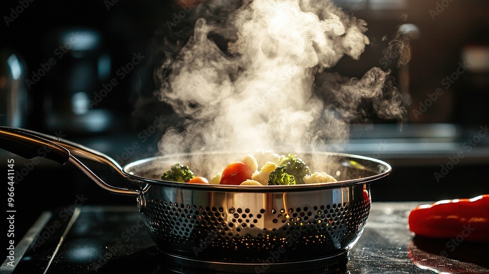 Steaming broccoli and tomatoes in a Wok on a stove-top with steam escaping from the top Steaming broccoli and tomatoes in a Wok on a stove-top with steam escaping from the top