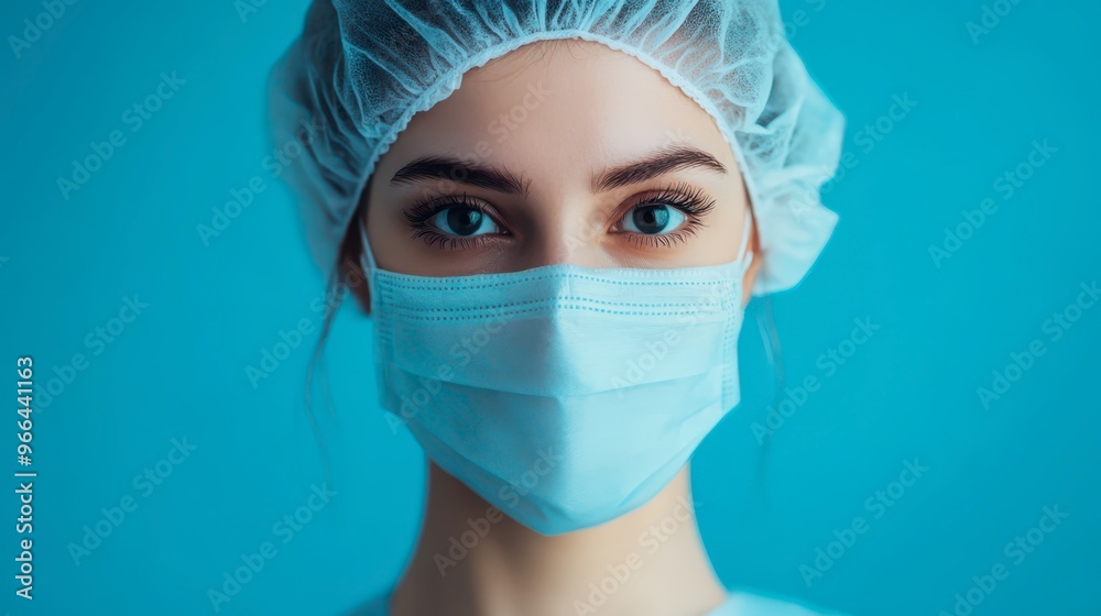 Young woman wearing protective gear with blue background indoors Young woman wearing protective gear with blue background indoors