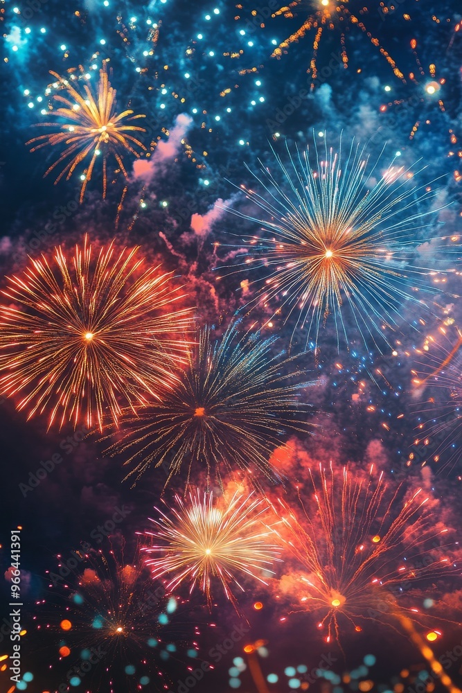 Naklejka premium Colorful fireworks illuminate the night sky during a summer festival celebration