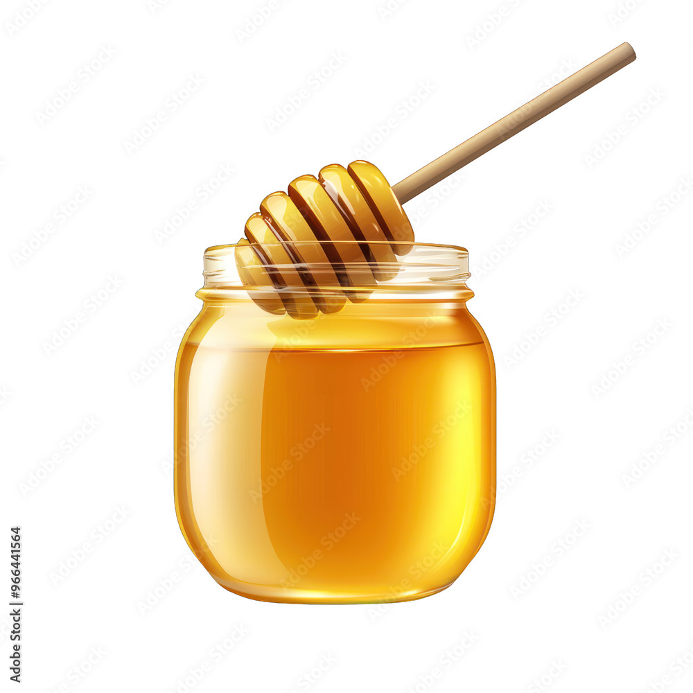 A clear jar of golden honey with a wooden dipper, perfect for food photography and sweet recipes. transparent background A clear jar of golden honey with a wooden dipper, perfect for food photography and sweet recipes. transparent background