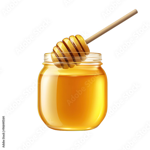 A clear jar of golden honey with a wooden dipper, perfect for food photography and sweet recipes. transparent background