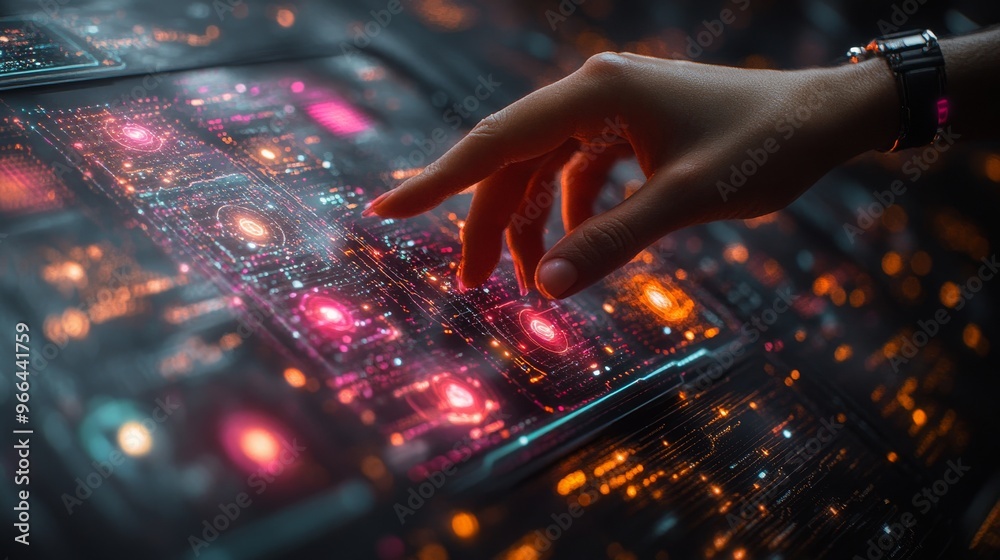 Interacting with a holographic network interface in a futuristic tech environment Interacting with a holographic network interface in a futuristic tech environment