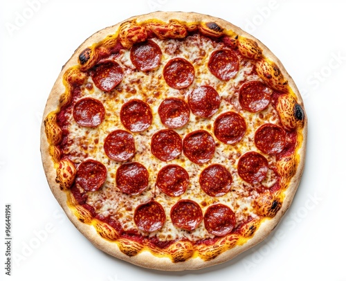 a pepperoni pizza on a white background. Close-up top view of a pizza and mozzarella cheese for a fast food menu or advertising design photo