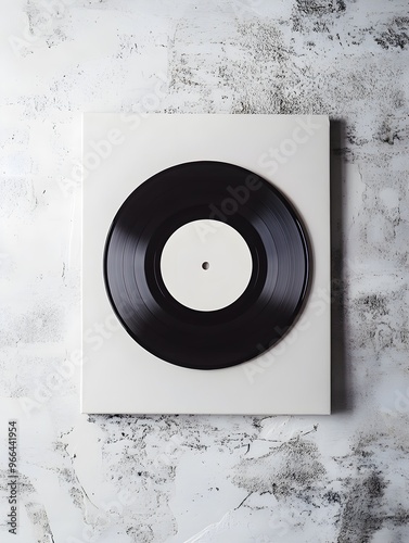 Blank Vinyl Record with White Cover on Concrete Background. Classic Black Vinyl Record photo