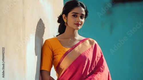 Bollywood actress in a vibrant saree amidst a minimalist backdrop - Contrast in cultural fashion