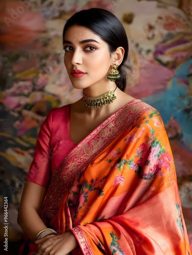 Bollywood actress in a vibrant saree amidst a minimalist backdrop - Contrast in cultural fashion photo