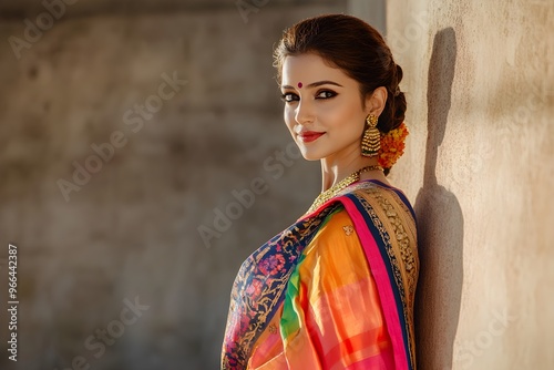 Bollywood actress in a vibrant saree amidst a minimalist backdrop - Contrast in cultural fashion