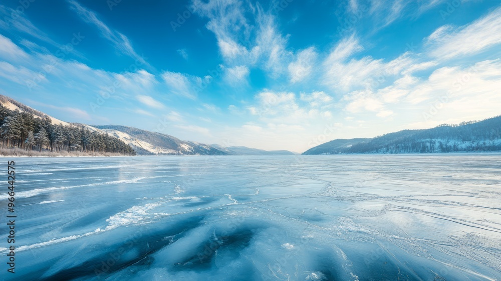 Fototapeta premium Blue ice and cracks on the surface of the ice. Frozen lake under a blue sky in the winter. The hills of pines. Winter