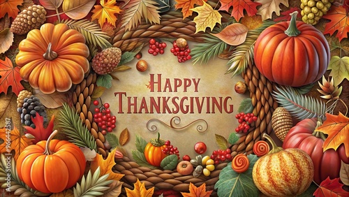 Harvest frame with pumpkins and fall leaves in background copy space for thanksgiving text
