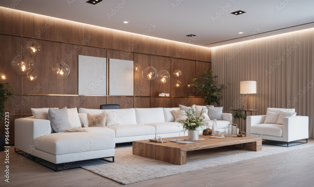 A modern living room with a white sectional sofa, wooden coffee table, and large windows A modern living room with a white sectional sofa, wooden coffee table, and large windows