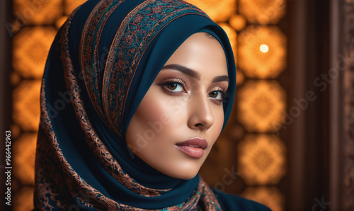 A woman wearing a blue headscarf stands in front of an ornate, golden background