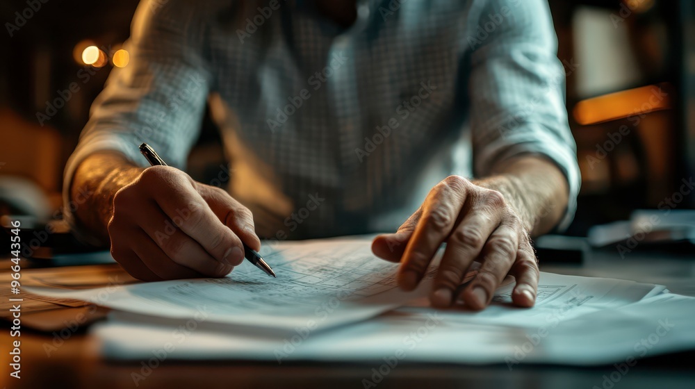 Obraz premium Person writing notes on paper at a desk in a cozy workspace during evening