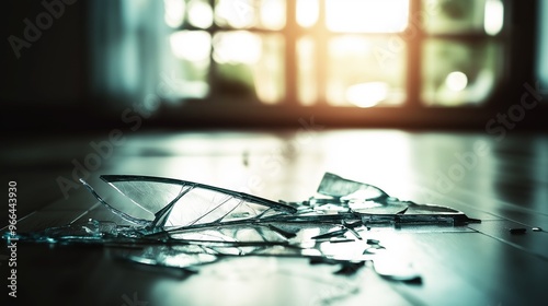 Shattered glass shards scattered across the floor reflecting sunlight, creating a dangerous yet beautiful scene in a room. photo