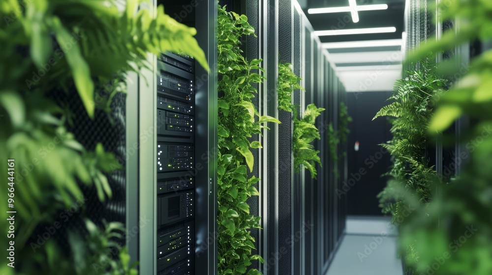 green it - plants around a server indicating eco-friendly data centers