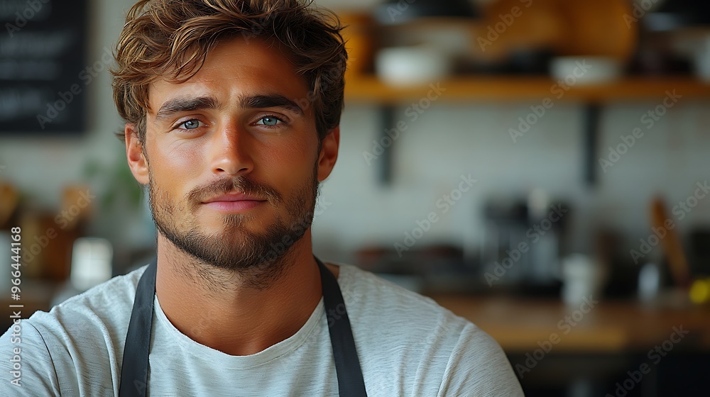 Obraz premium A young man with blue eyes and a beard looks at the camera while wearing an apron in a kitchen.