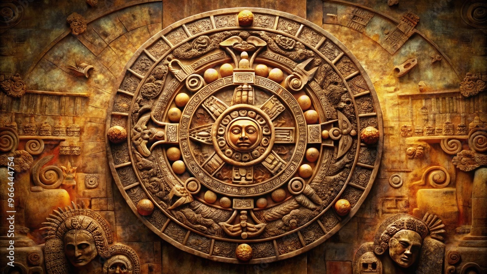 Intricately designed ancient Mesoamerican calendar wheel featuring 18 months, 13 cycles, and symbolic glyphs, adorned with feathers, flowers, and serpents, against a rich, textured background. Intricately designed ancient Mesoamerican calendar wheel featuring 18 months, 13 cycles, and symbolic glyphs, adorned with feathers, flowers, and serpents, against a rich, textured background.