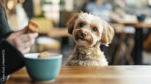 A small brown fluffy dog gazes eagerly at a tasty treat held by a woman in a black jacket inside a cozy coffee shop setting